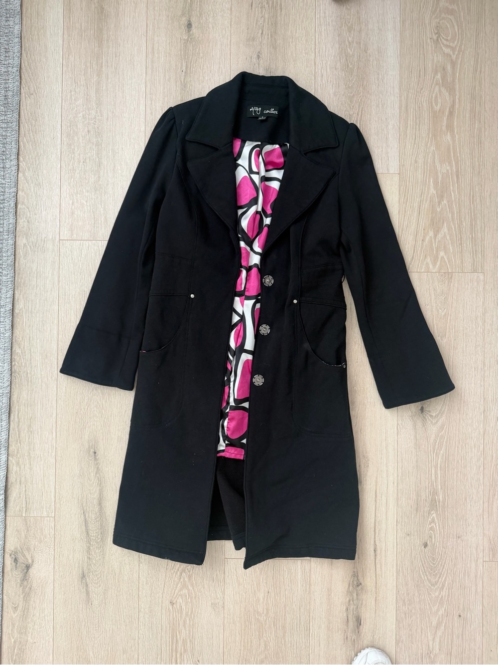 Yag Couture Black Trench Coat with Pink Patterned Lining